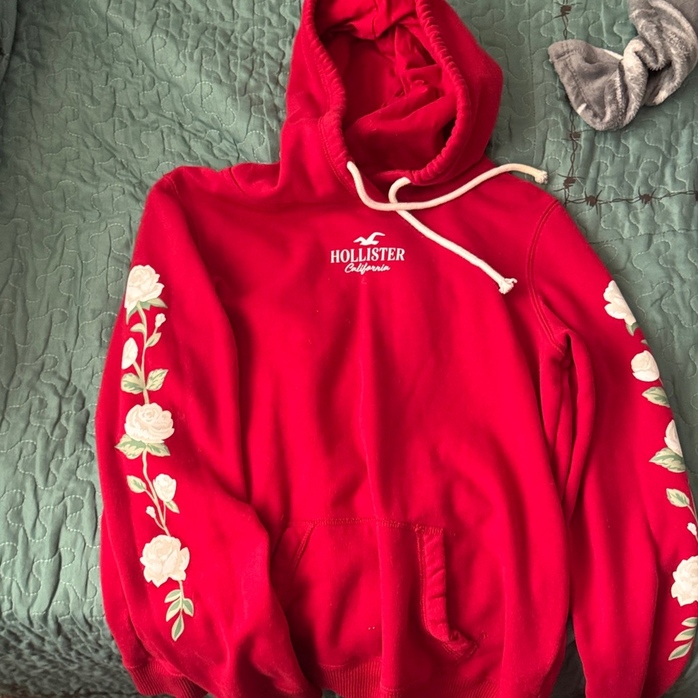 Hollister Red Hoodie with White Floral Accents